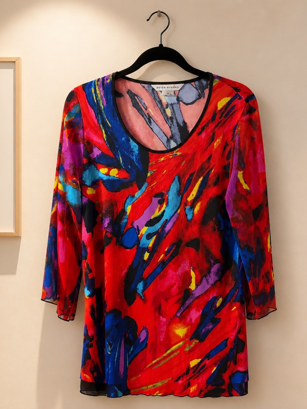 Peter Nygard Red Multicolor Abstract Long-Sleeve Scoop Neck Top